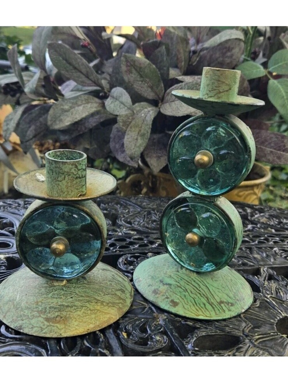 2 VTG Verdigris Color Metal Glass Insert Single Taper Candleholder 7" & 4.5" T